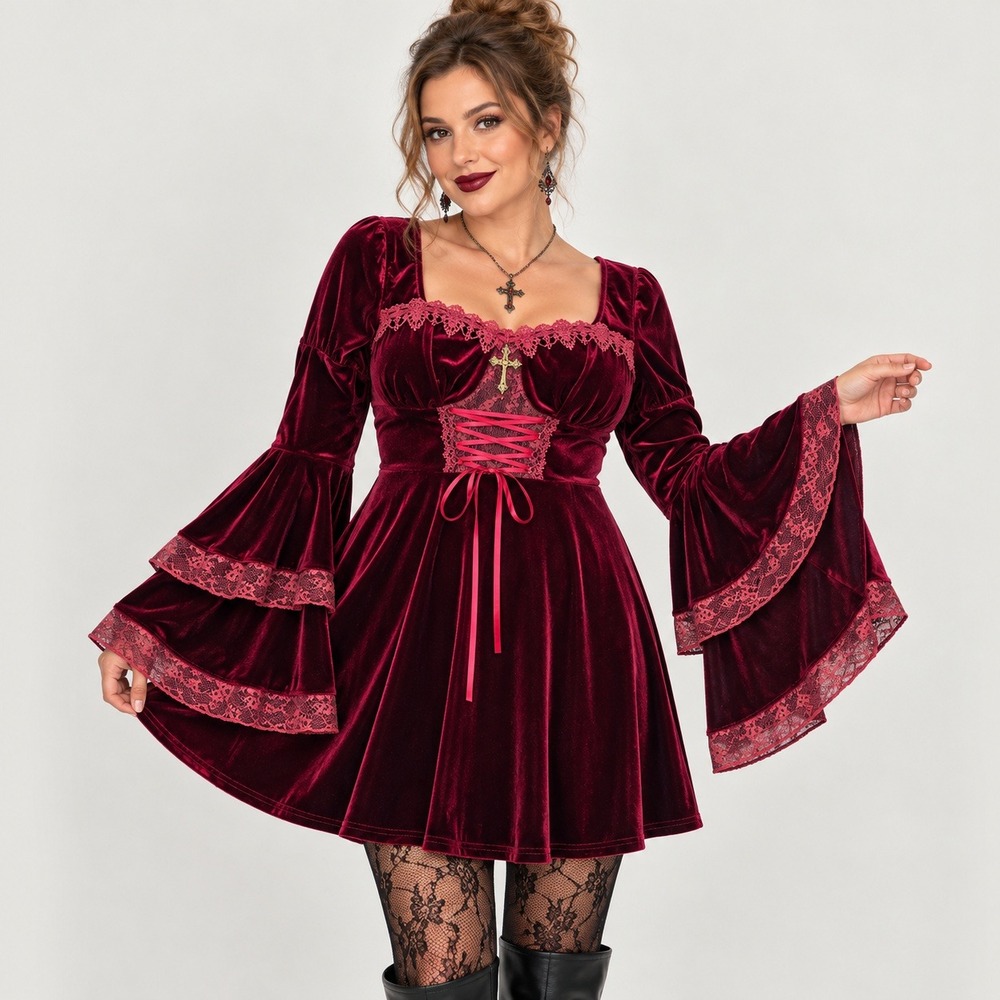 Spirit Vampire Dress Women L Burgundy Velvet Lace Gothic Halloween Renaissance